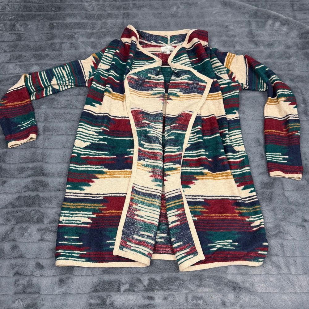 Lucky Brand Southwestern Geometric Open Front Cardigan Sweater Multi Small